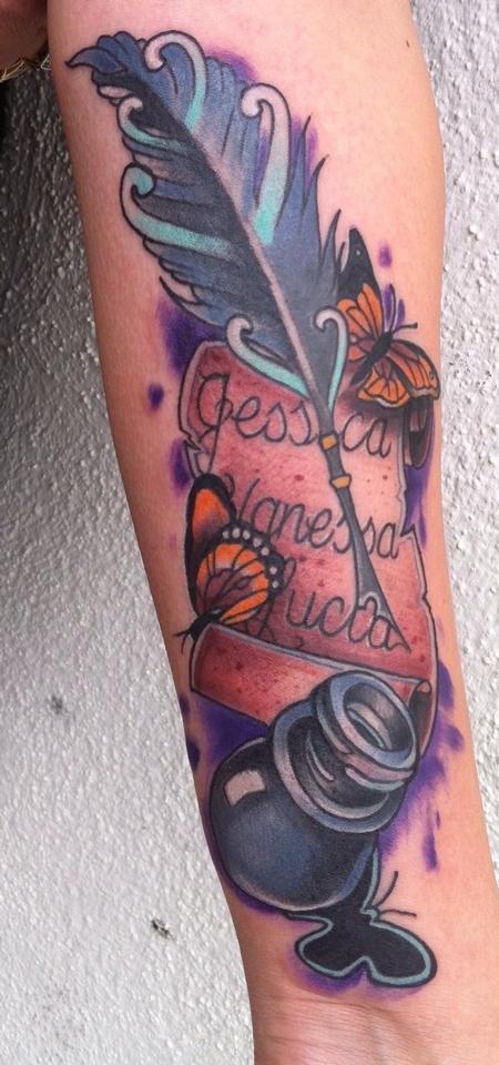 Mike Riedl - traditional color feather, butterfly and script tattoo. Art Junkies Tattoos, Mike Riedl